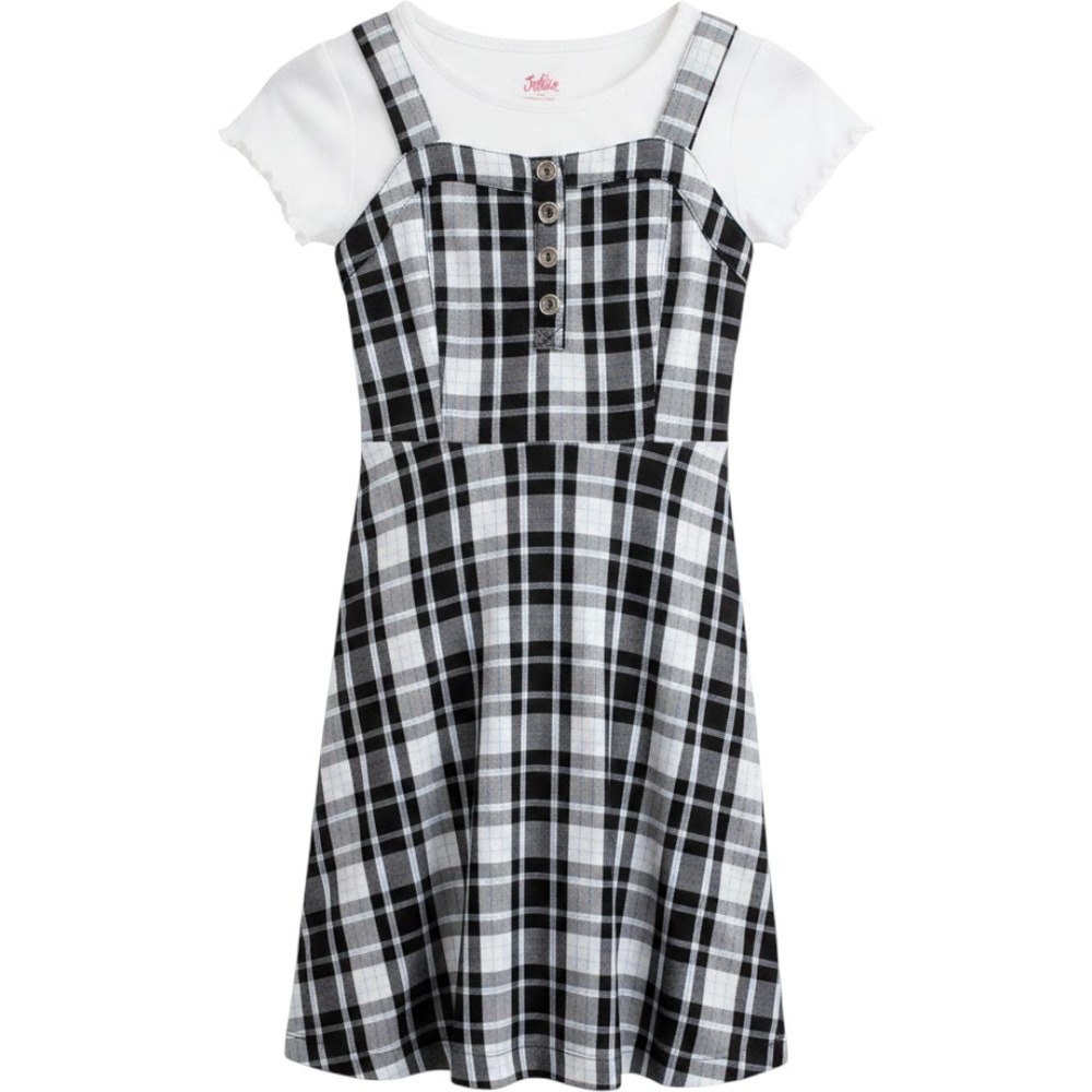 Justice Girls Plaid Jumper Dress White Layered TShirt Set Girls S (7/8) #